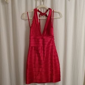 Red pleated halter dress